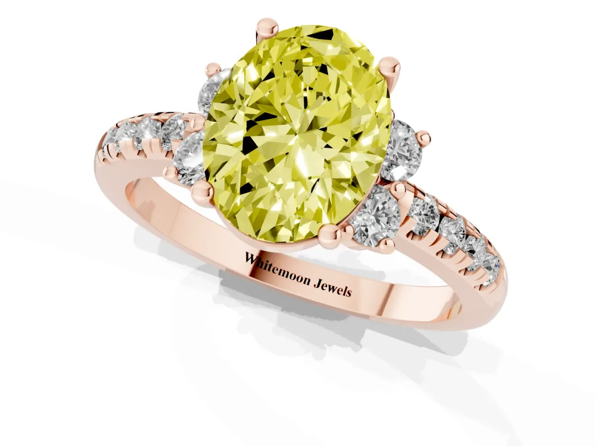 Fancy Yellow Oval Cut Diamond Three-Stone Pave Band with Four-Prong Setting Rose gold