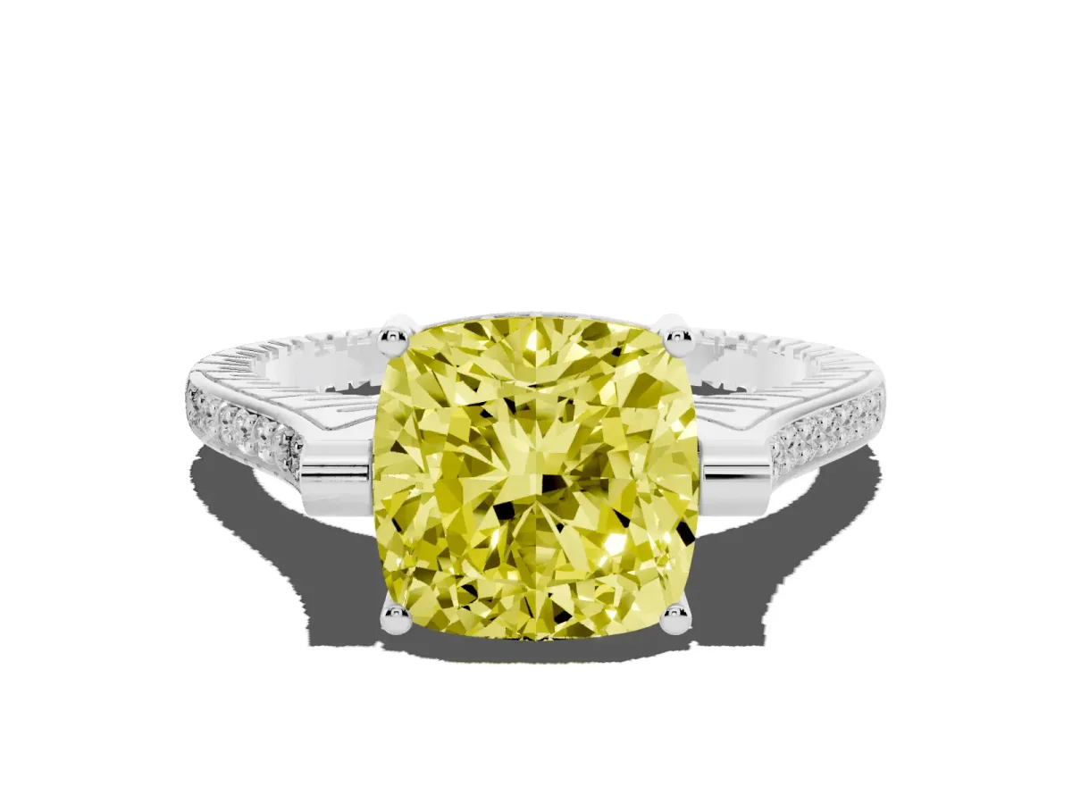 Fancy Yellow Cushion Cut Solitaire Diamond Ring with Channel Set Band and Bezel Prong Setting Silver