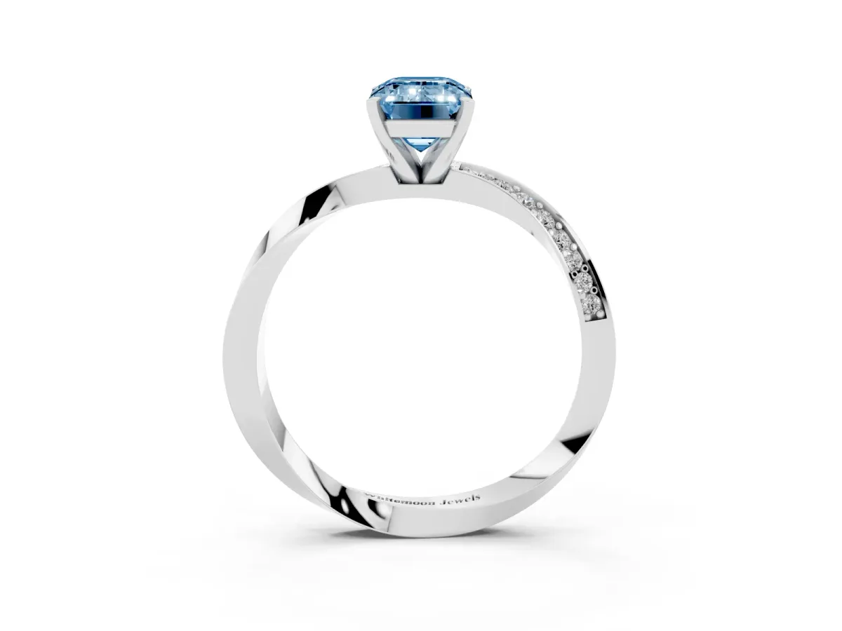 Fancy Blue Emerald Cut Diamond Engagement Ring with Side Stone Accents and Four-Prong Setting Silver