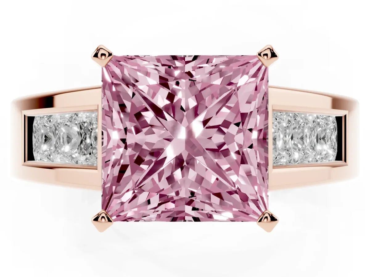 Fancy Pink Princess Cut Cut Channel Set Solitaire Ring with Four-Prong Setting Rose gold