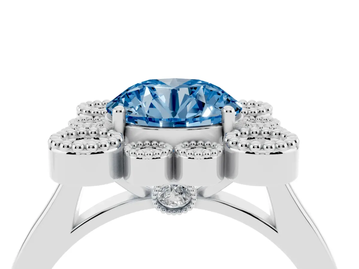 Fancy Blue Round Cut Halo Diamond Cluster Engagement Ring with Milgrain Bezel Setting and Solitaire Band Platinum