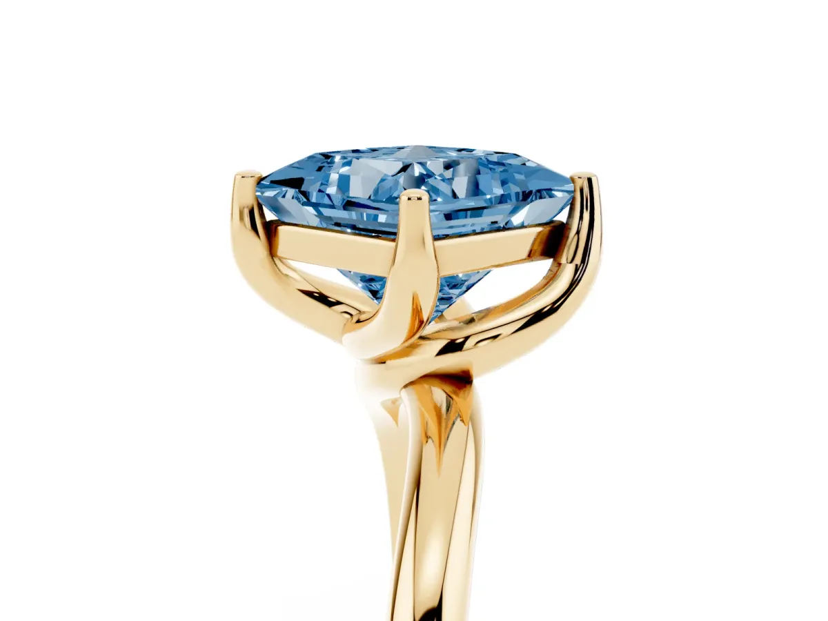 Fancy Blue Princess Cut Diamond Solitaire Engagement Ring with Four-Prong Setting and Classic Band Yellow gold