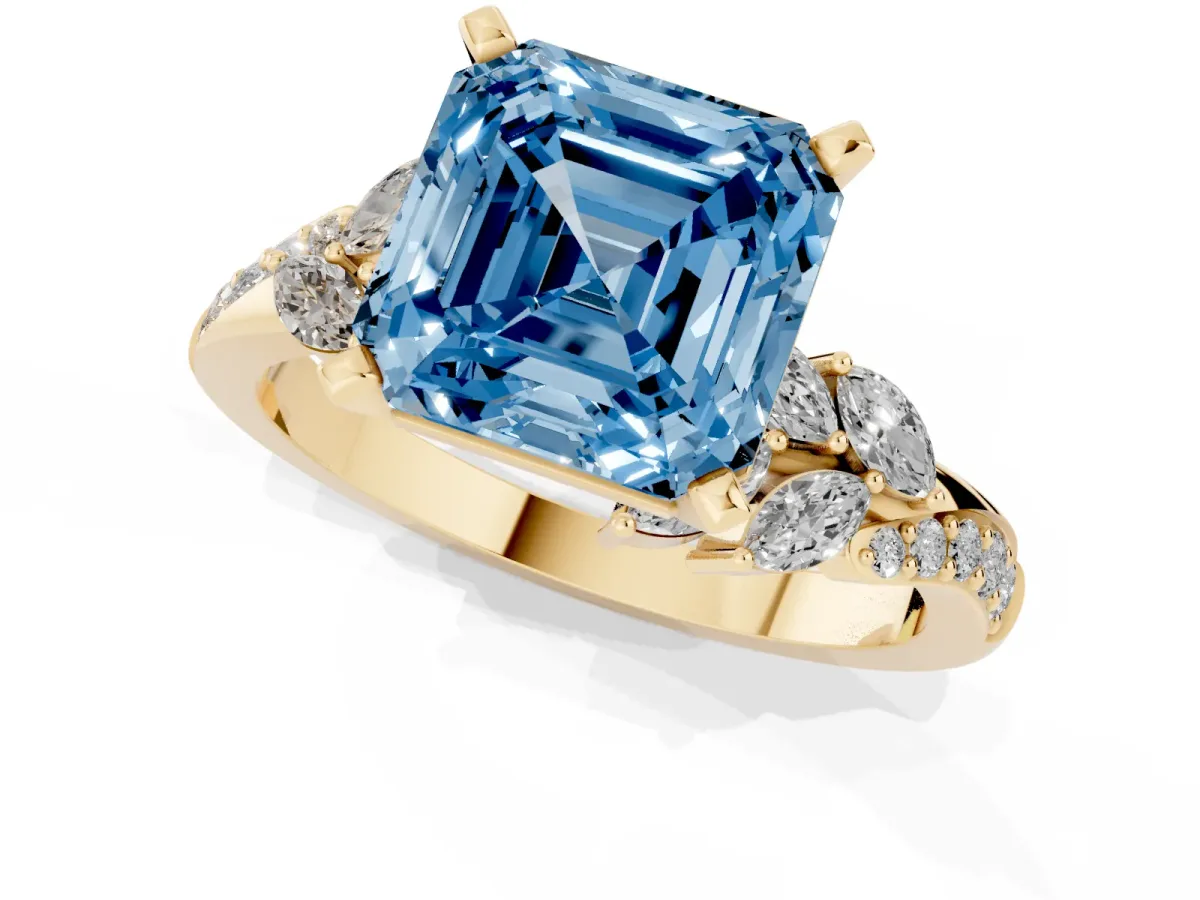 Fancy Blue Asscher Cut Solitaire Marquise Twist Band with Six-Prong Setting Yellow gold