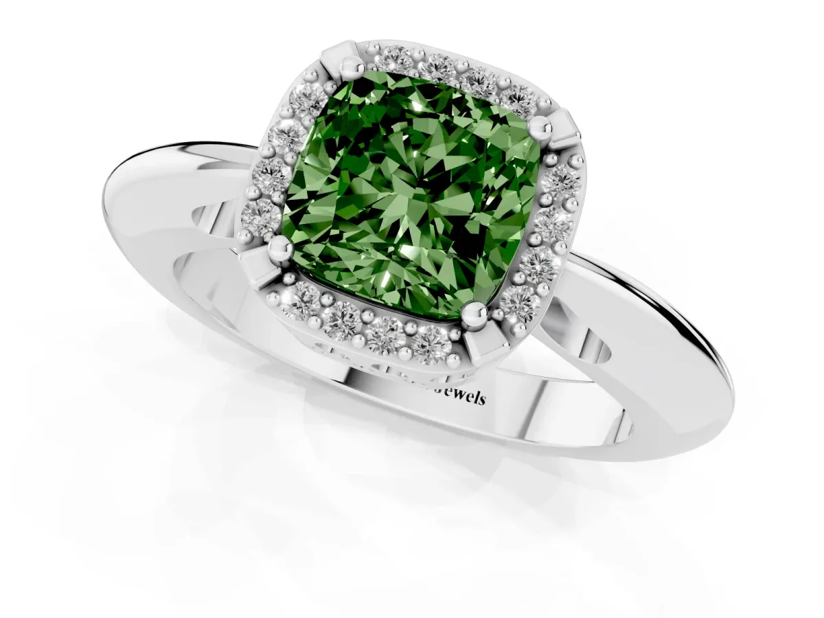 Fancy Green Cushion Cut Cut Diamond Halo Engagement Ring with Split Shank and Four-Prong Setting Silver