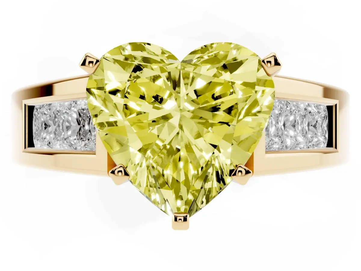 Fancy Yellow Heart Cut Cut Channel Set Solitaire Ring with Four-Prong Setting Yellow gold