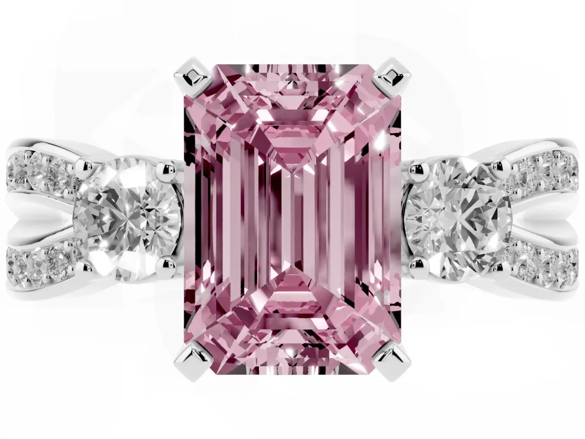 Fancy Pink Three-Stone Emerald Cut Cut Diamond Twist Band with Prong Setting Platinum
