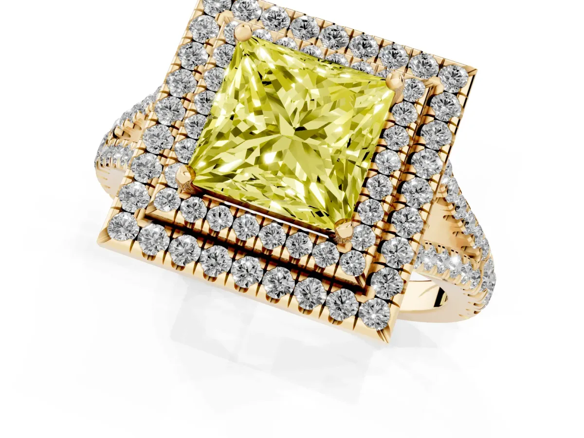 Fancy Yellow Princess Cut Diamond Double Halo Ring with Pavé Band and Prong Setting Yellow gold
