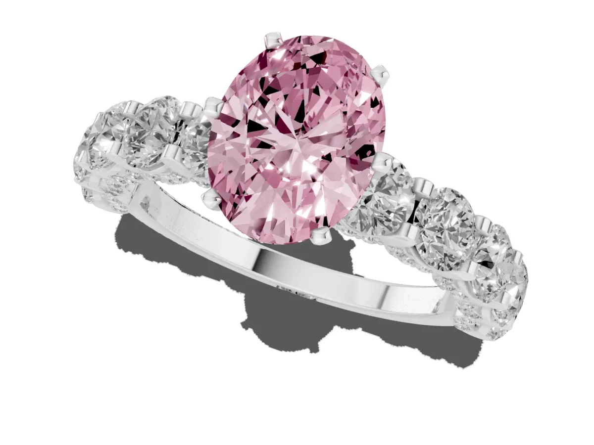 Fancy Pink Oval Cut Diamond Side Stone Engagement Ring with Four-Prong Setting Silver