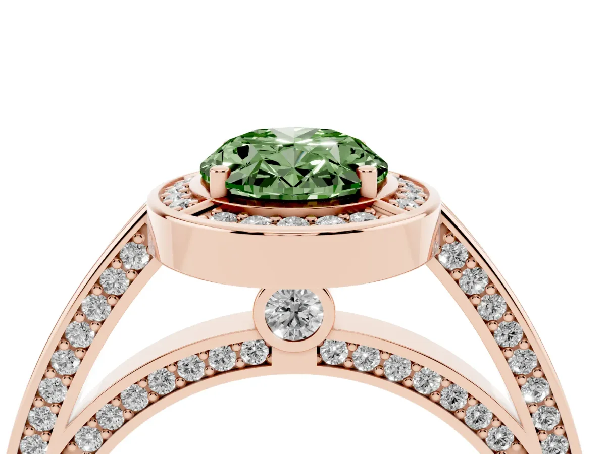Fancy Green Oval Cut Cut Halo Pave Split Shank Prong Setting Ring Rose gold