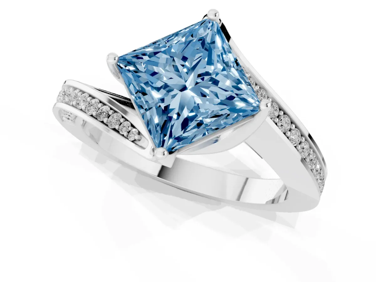 Fancy Blue Princess Cut Solitaire Diamond Twist Band with Pavé Setting and Four-Prong Setting Silver
