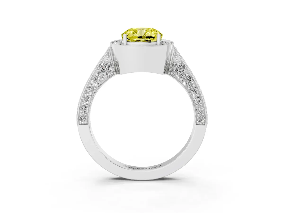 Fancy Yellow Cushion Cut Halo Diamond Engagement Ring with Split Shank Band and Four-Prong Setting Platinum
