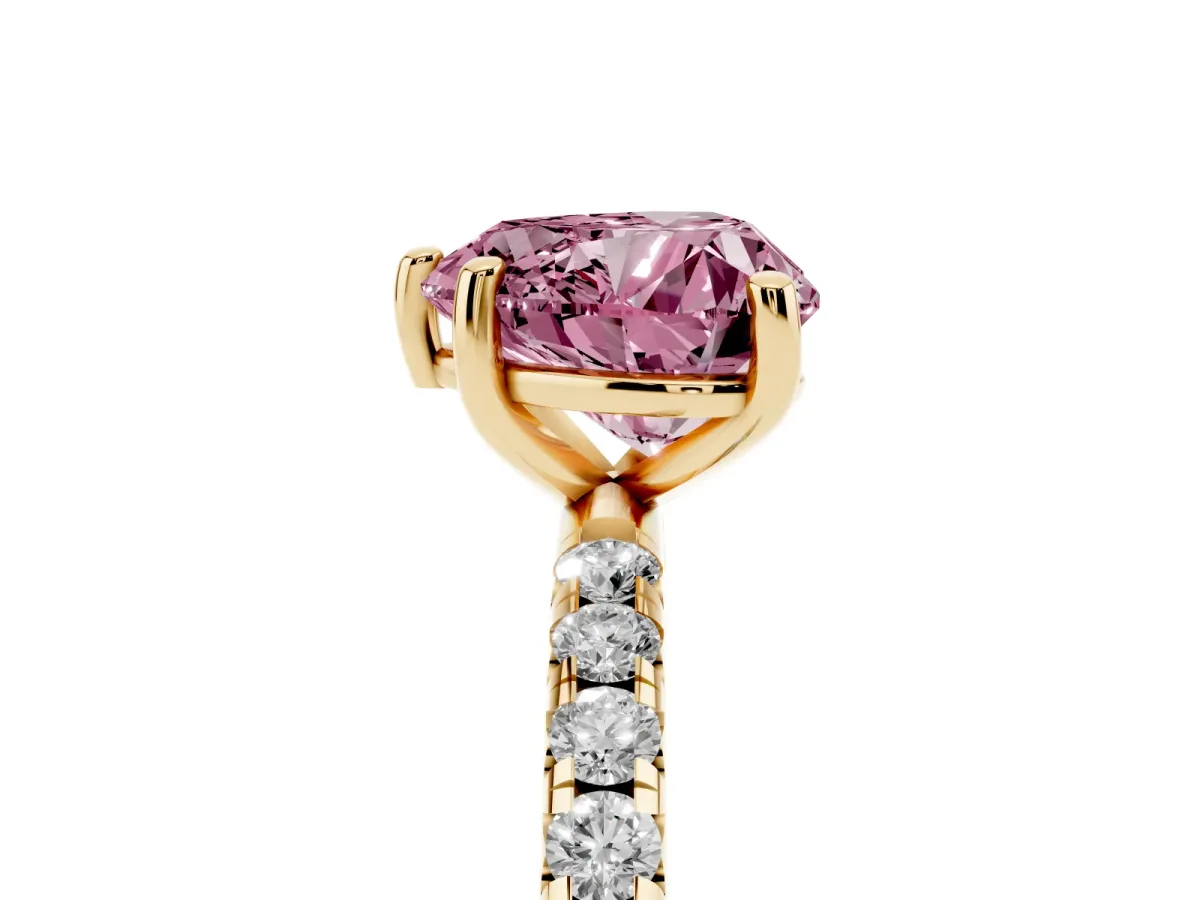 Fancy Pink Heart Cut Cut Diamond Solitaire Ring with Micro Pave Band and Four Prong Setting Yellow gold