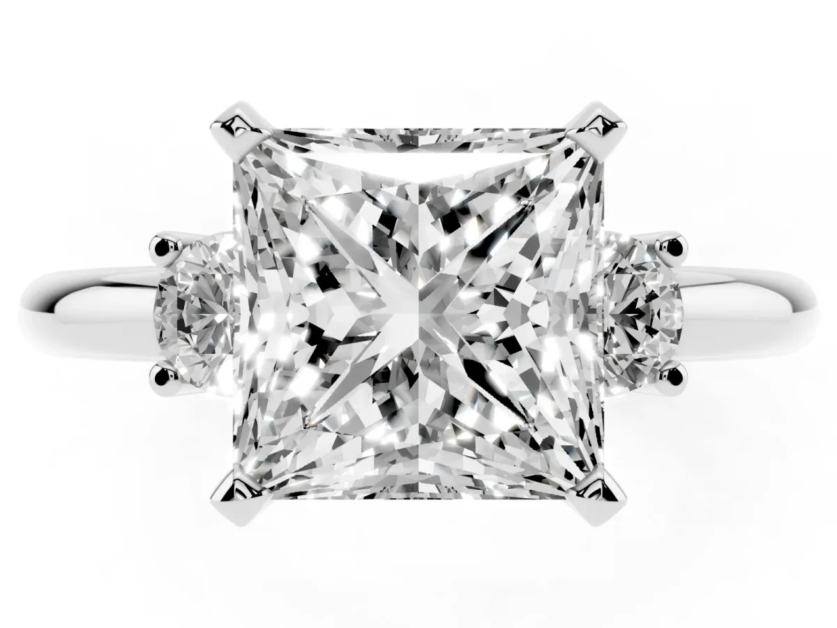 Three-Stone Princess Cut Cut Diamond Solitaire with Prong Setting and Classic Band Silver