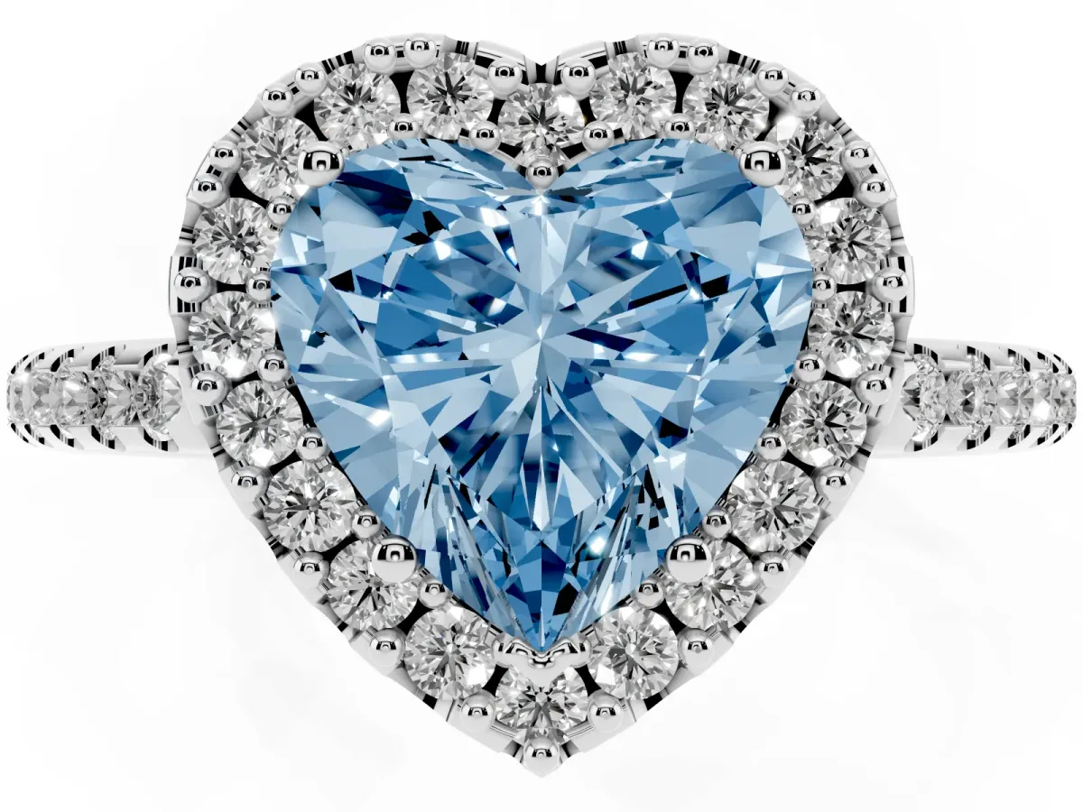 Fancy Blue Heart Cut Diamond Pavé Halo Ring with Four-Prong Setting Silver
