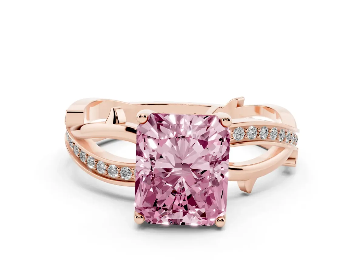 Fancy Pink Radiant Cut Solitaire Twist Band with Pavé Accents and Four-Prong Setting Rose gold