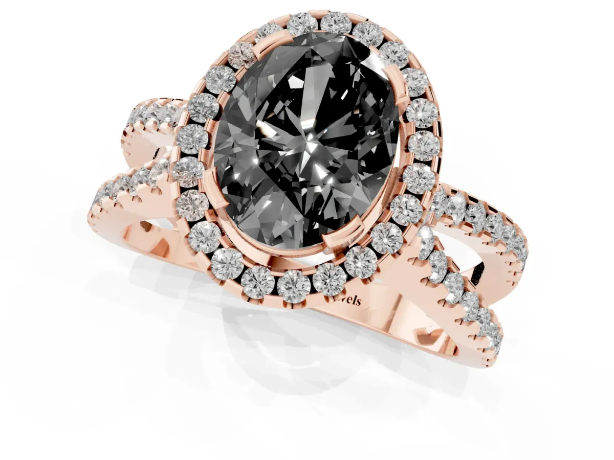 Fancy Black Oval Cut Diamond Halo Ring with Split Shank Pavé Band and Prong Setting Rose gold