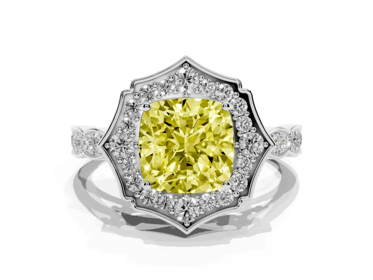 Fancy Yellow Cushion Cut Halo Diamond Engagement Ring with Milgrain Band and Four-Prong Setting Silver