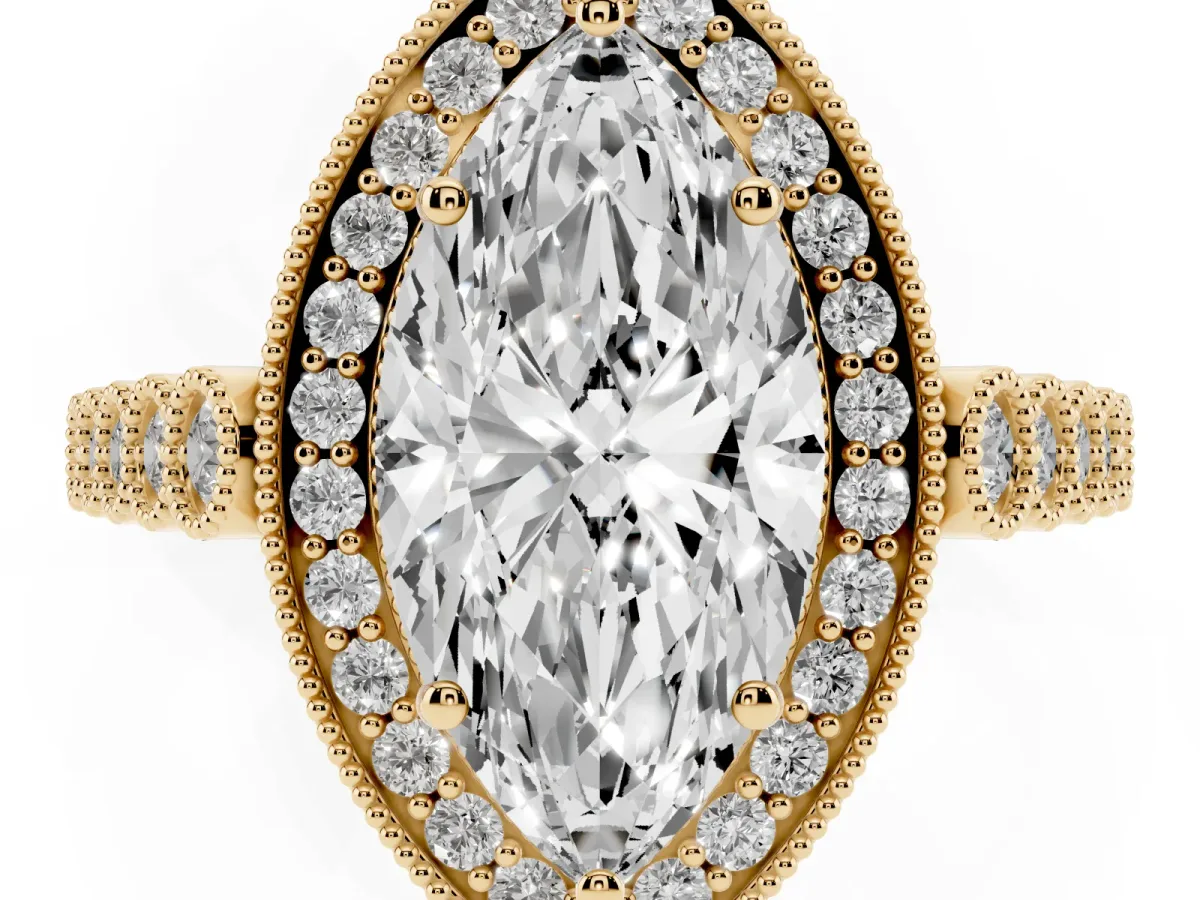 Marquise Cut Halo Milgrain Solitaire with Bezel Set Side Stones and Pave Band Yellow gold