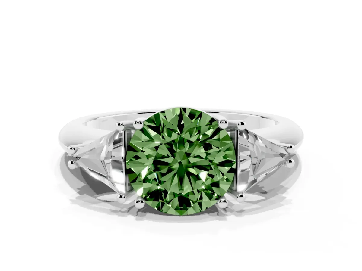 Fancy Green Three-Stone Round Cut Diamond Engagement Ring with Trillion Side Stones and Prong Setting Silver