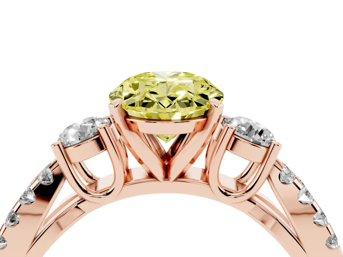 Fancy Yellow Oval Cut Diamond Three-Stone Ring with Pavé Split Shank and Four-Prong Setting Rose gold