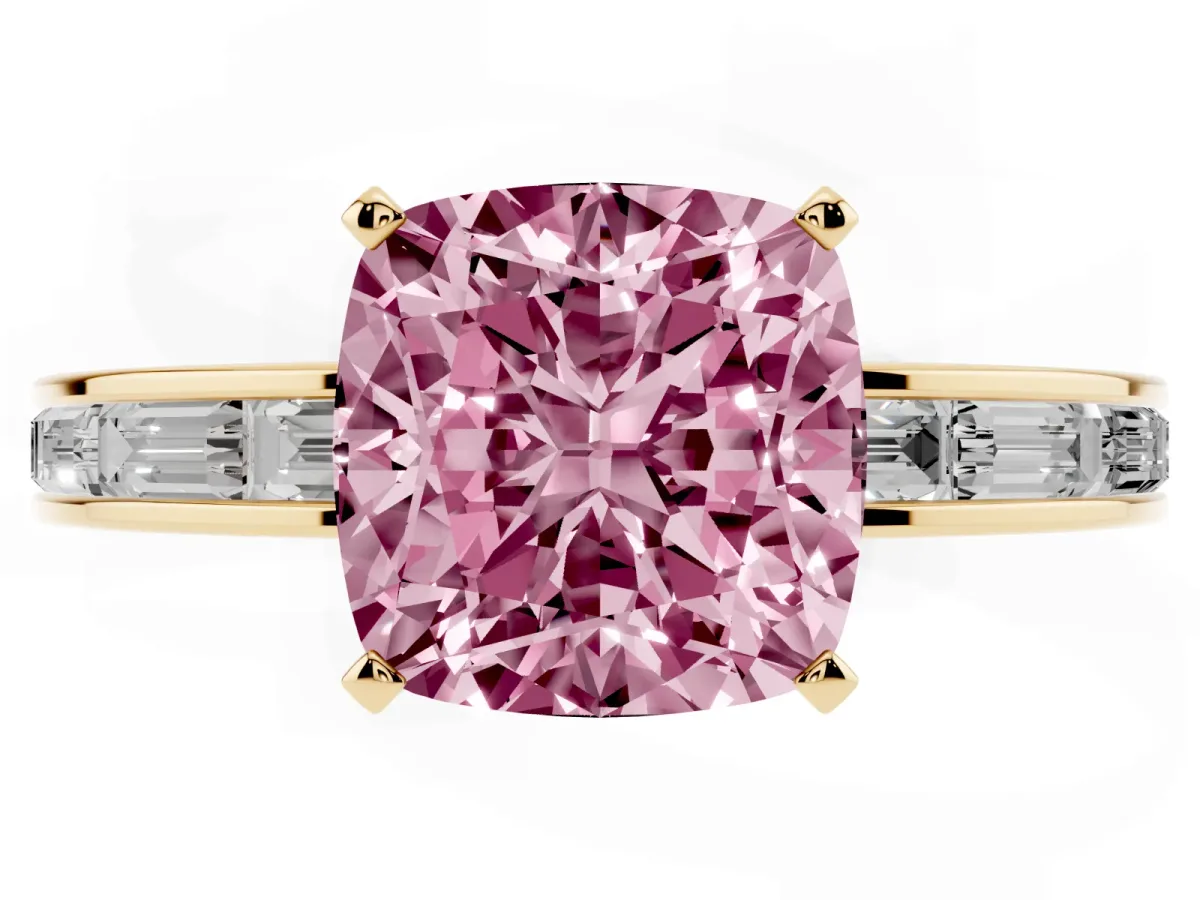 Fancy Pink Cushion Cut Solitaire Diamond Ring with Channel-Set Baguette Band and Four-Prong Setting Yellow gold
