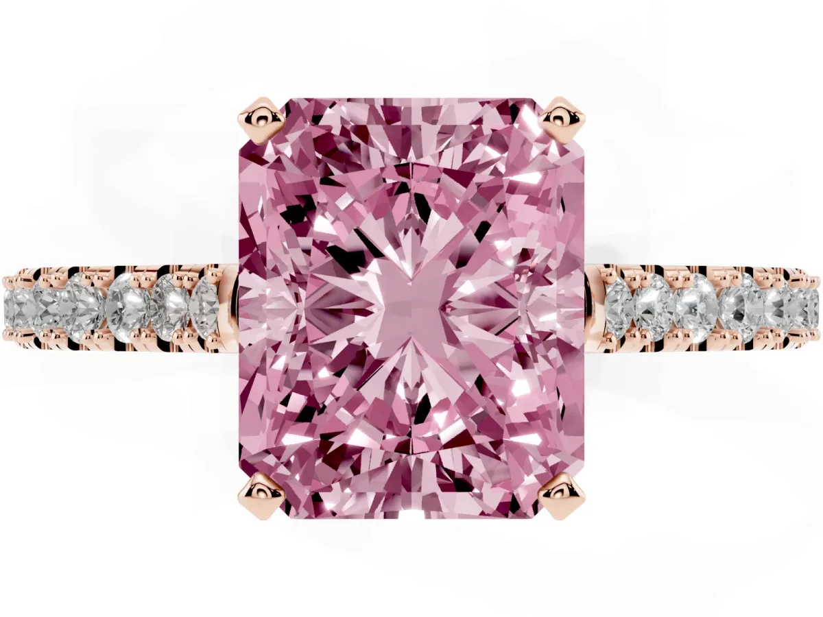 Fancy Pink Radiant Cut Cut Solitaire Diamond Engagement Ring with Pave Band and Four-Prong Setting Rose gold