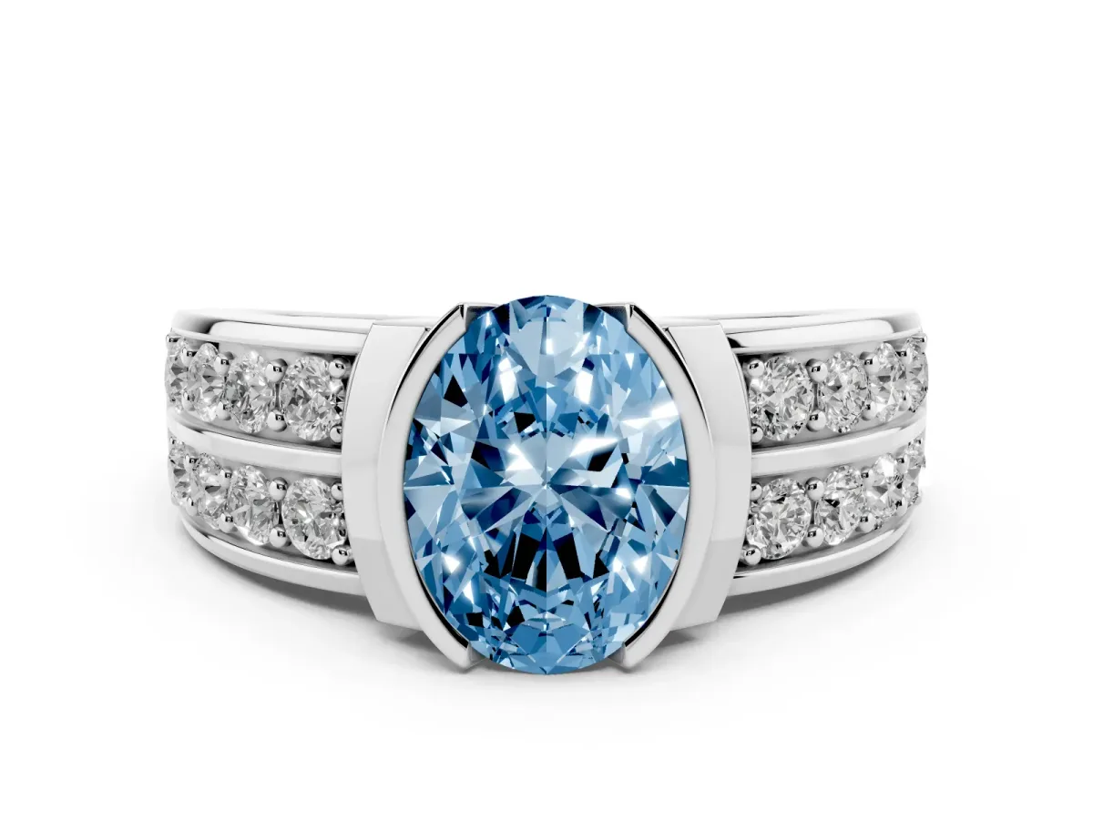 Fancy Blue Oval Cut Brilliant Diamond Channel Set Wide Band Ring with Bezel Setting Platinum