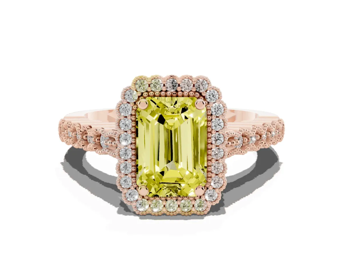 Fancy Yellow Emerald Cut Cut Halo Pavé Solitaire Ring with Milgrain Band Rose gold