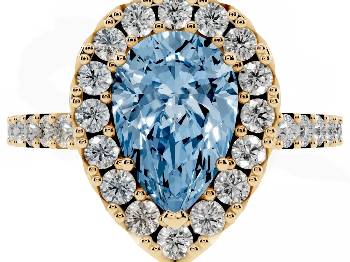 Fancy Blue Pear Cut Halo Diamond Pavé Solitaire Ring Yellow gold