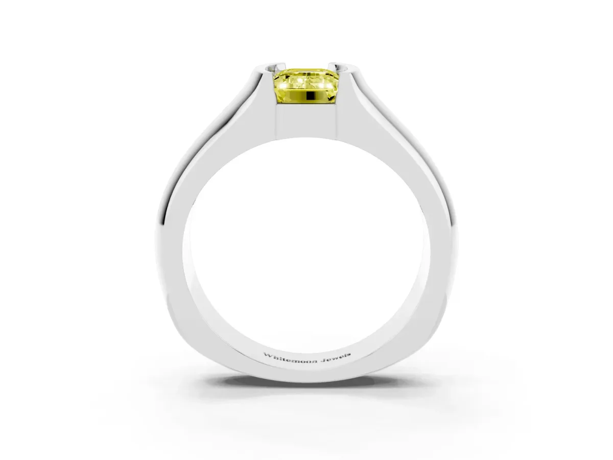 Fancy Yellow Emerald Cut Solitaire Bezel Set Diamond Ring with Wide Band Platinum