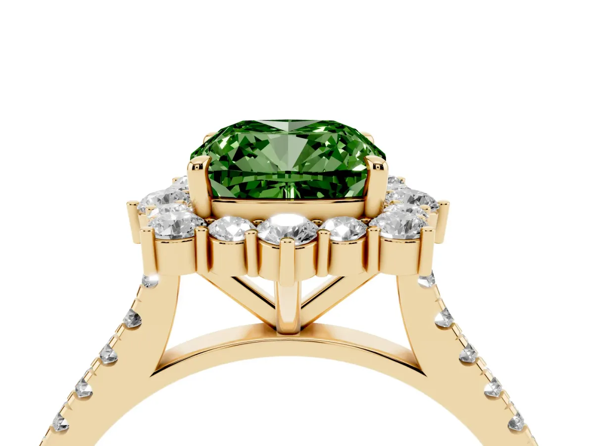 Fancy Green Cushion Cut Halo Diamond Ring with Pavé Band and Prong Setting Yellow gold