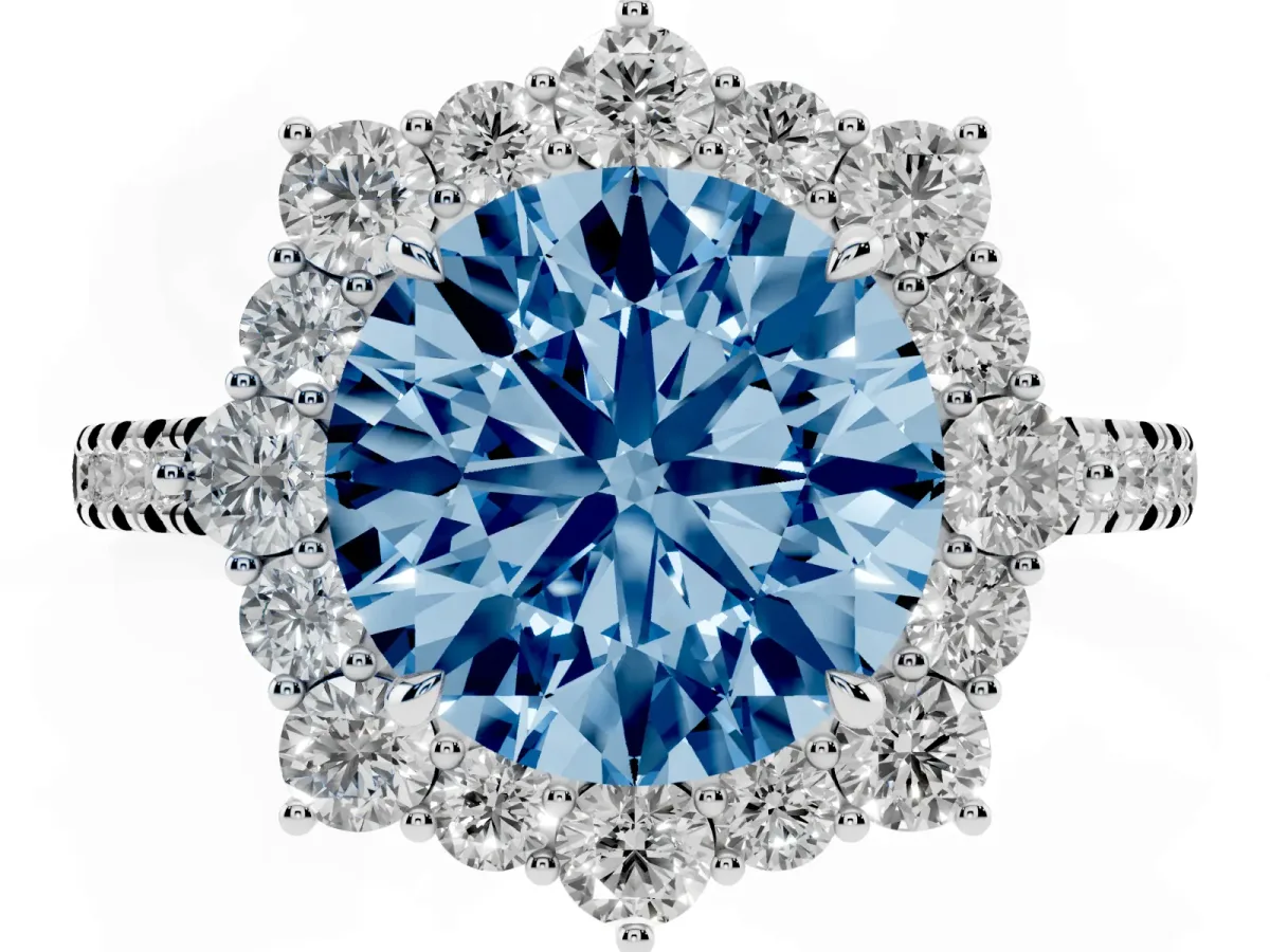 Fancy Blue Round Cut Halo Diamond Ring with Pavé Band and Prong Setting Silver