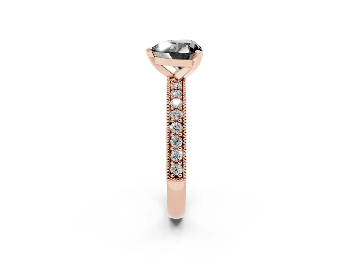 Fancy Black Heart Cut Diamond Milgrain Pavé Engagement Ring with Four-Prong Setting Rose gold