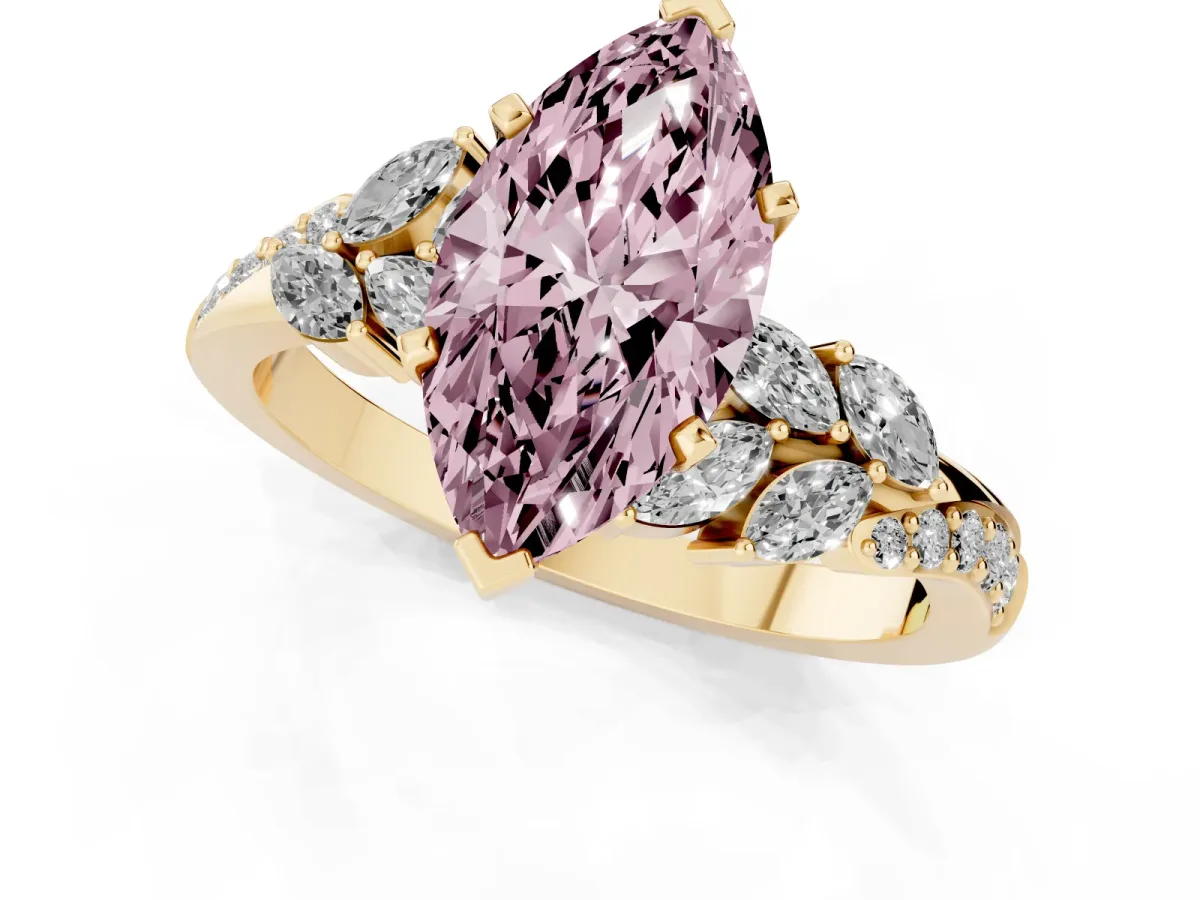 Fancy Pink Marquise Cut Solitaire Marquise Twist Band with Six-Prong Setting Yellow gold