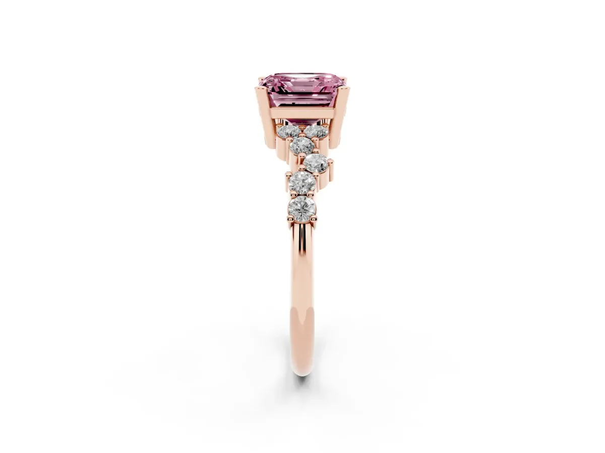 Fancy Pink Asscher Cut Diamond Scattered Round Accent Ring with Prong Setting Rose gold