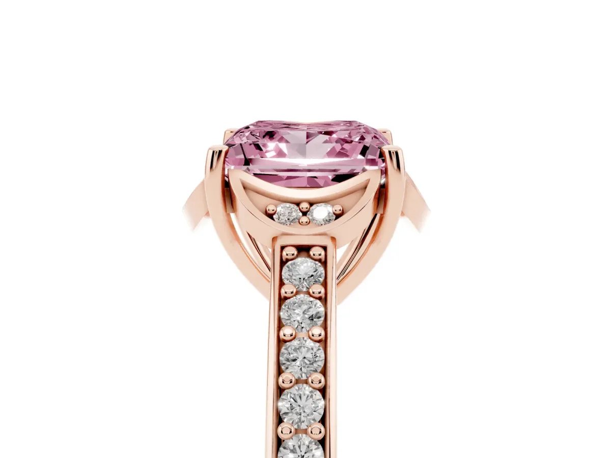 Fancy Pink Princess Cut Cut Halo Diamond Ring with Channel Set Band and Four-Prong Setting Rose gold