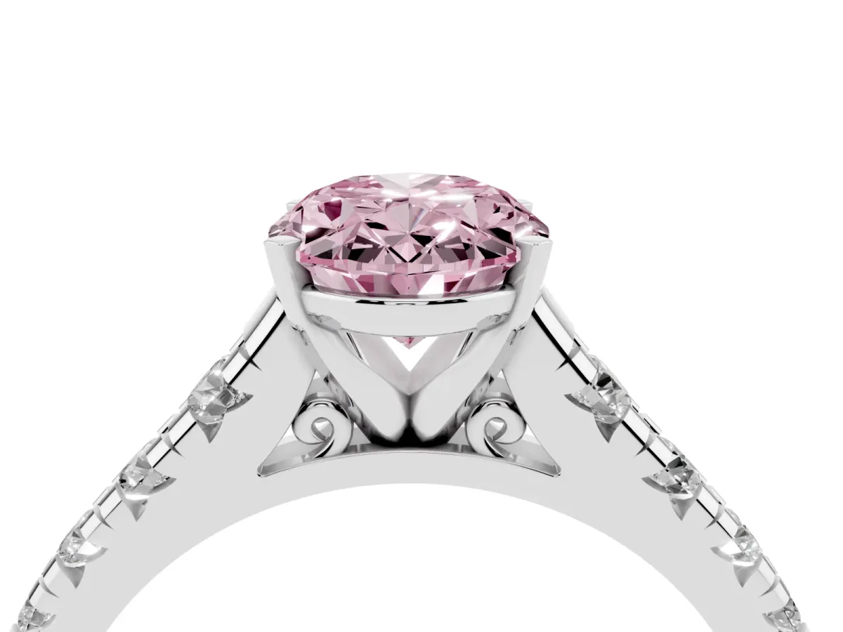 Fancy Pink Oval Cut Diamond Cathedral Solitaire Ring with Round Pavé Band Silver