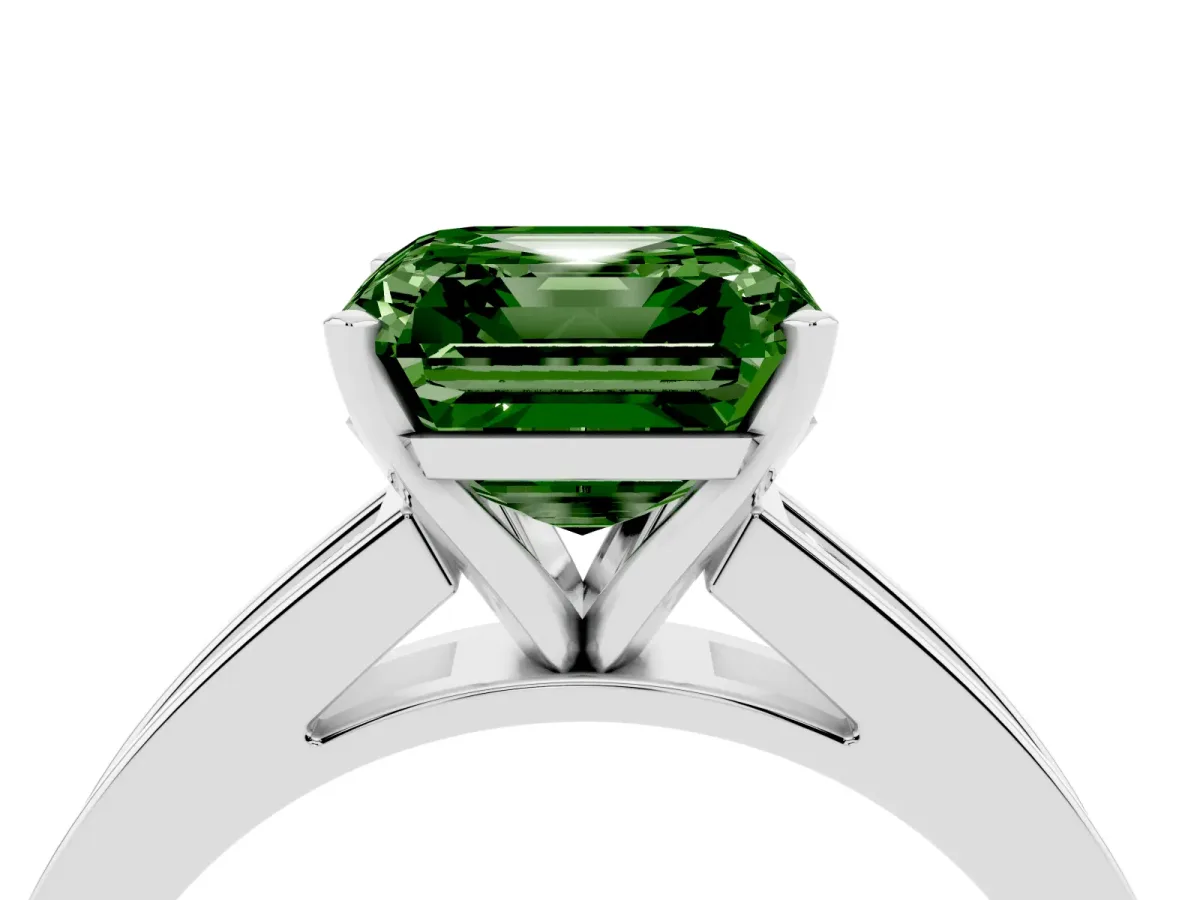 Fancy Green Asscher Cut Solitaire Diamond Ring with Channel-Set Band and Four-Prong Setting Silver