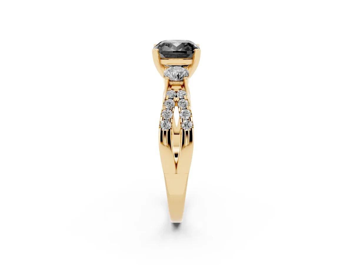 Fancy Black Cushion Cut Diamond Three-Stone Ring with Pavé Split Shank and Four-Prong Setting Yellow gold