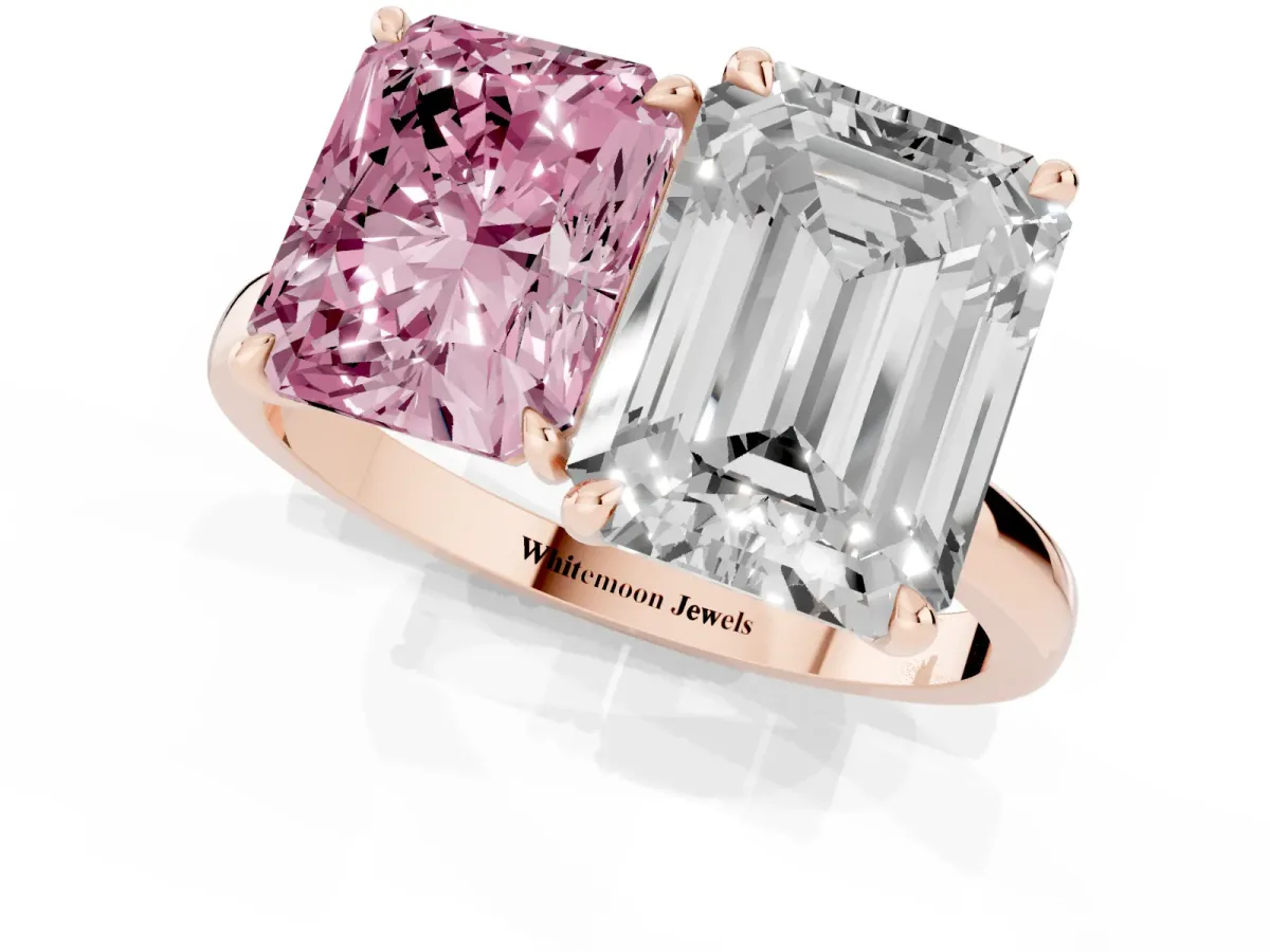 Fancy Pink Radiant Cut and Emerald Cut Toi Moi Ring with Prong Setting Rose gold