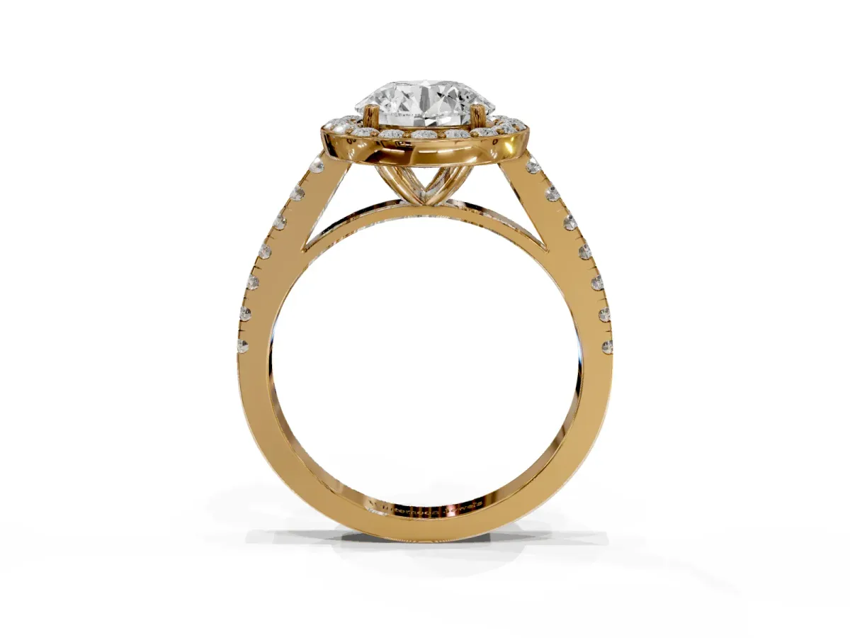 Round Cut Diamond Halo Ring with Round Pavé Split Shank and Prong Setting Yellow gold