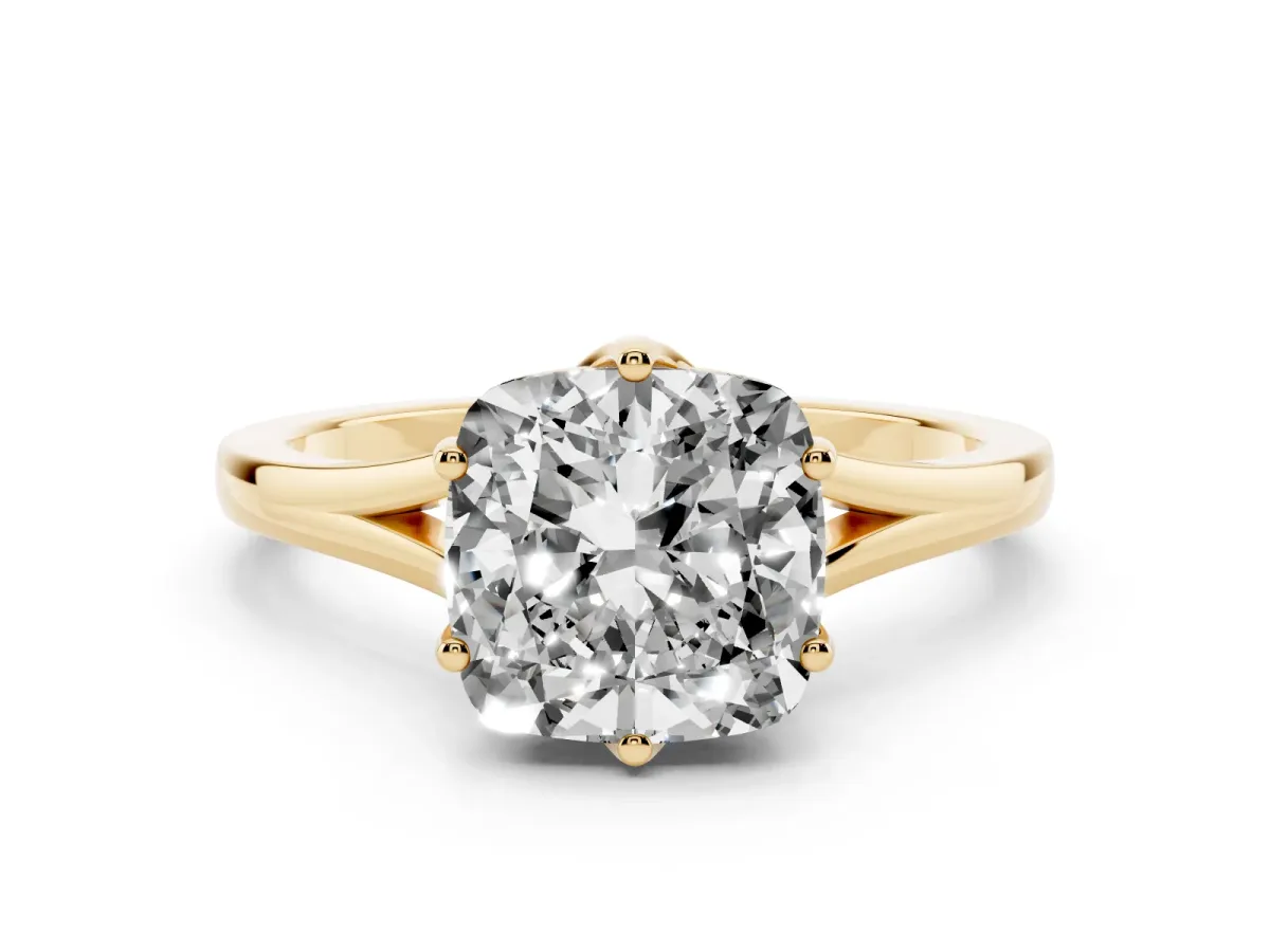 Cushion Cut Solitaire Diamond Ring with Six-Prong Setting and Tapered Band Yellow gold