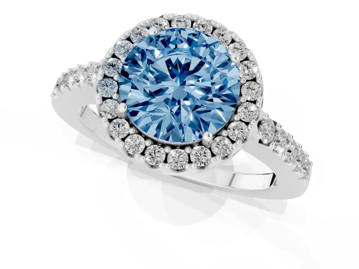 Fancy Blue Round Cut Halo Diamond Pavé Solitaire Ring Platinum