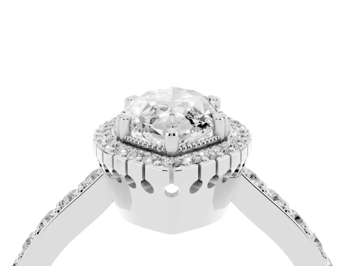 Marquise Cut Cut Diamond Halo Engagement Ring with Milgrain Detail and Pavé Band White gold
