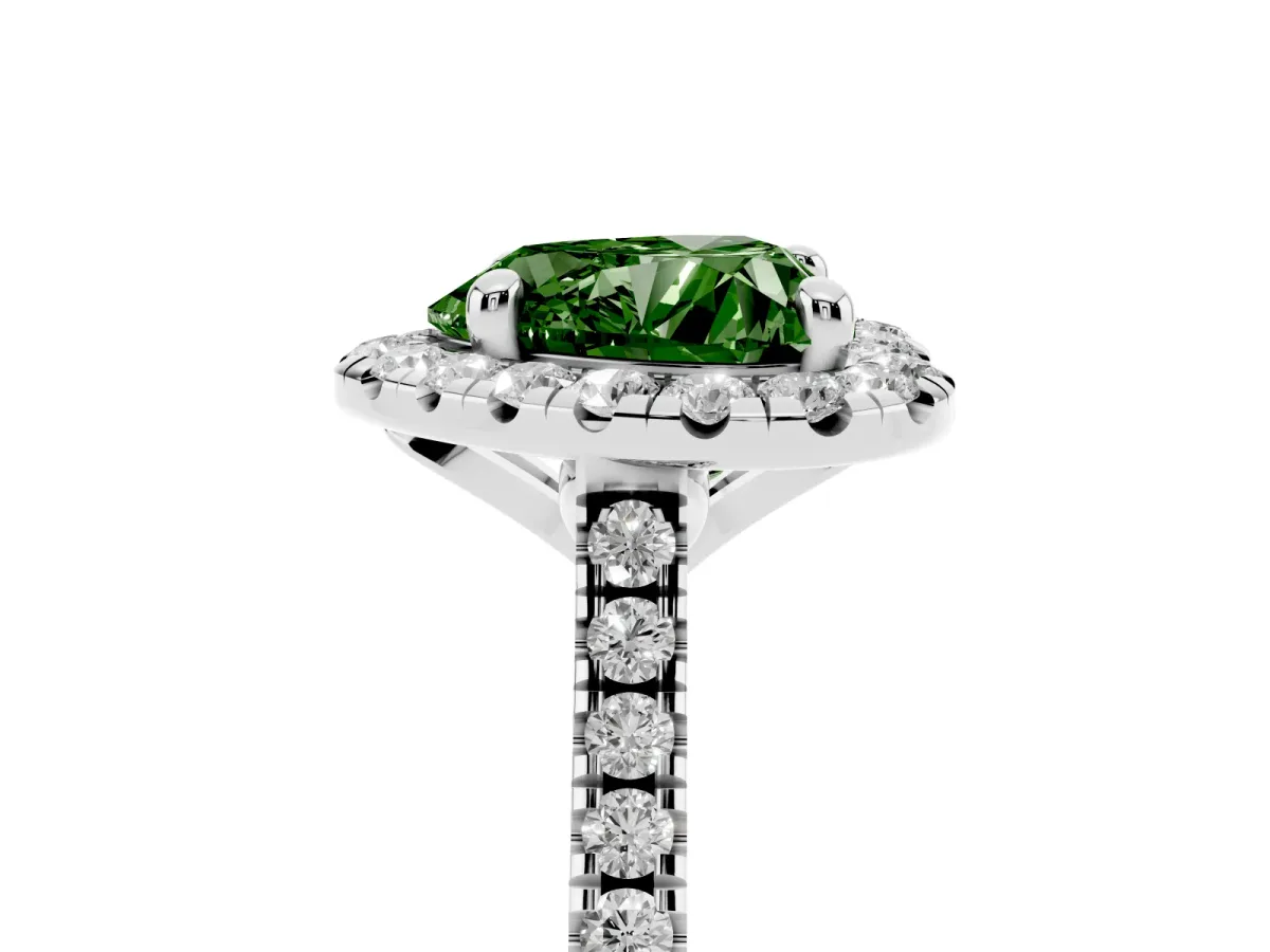 Fancy Green Heart Cut Diamond Cushion Halo Ring with Pavé Band Platinum