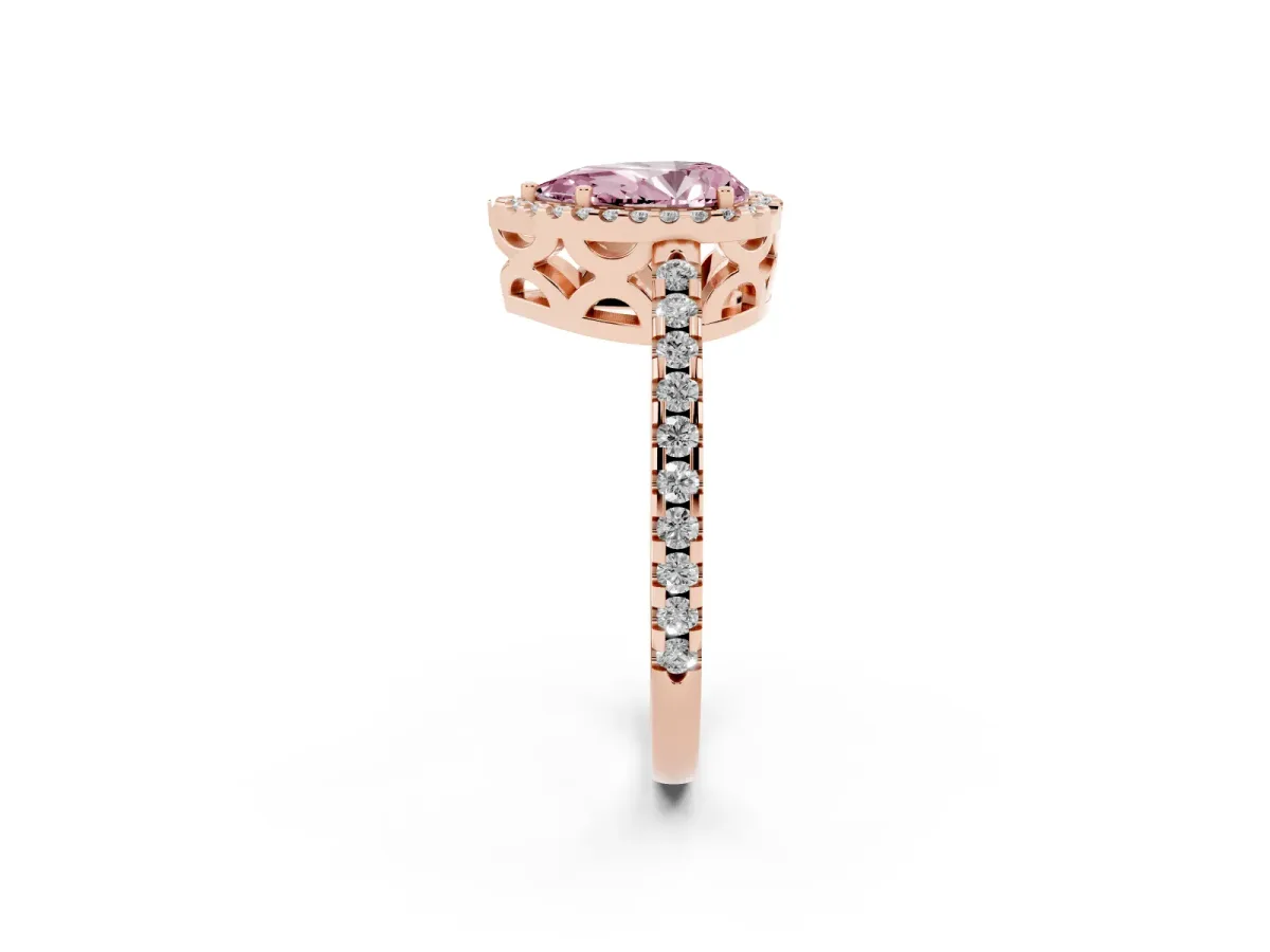 Fancy Pink Pear Cut Diamond Halo Engagement Ring with Pavé Band and Prong Setting Rose gold