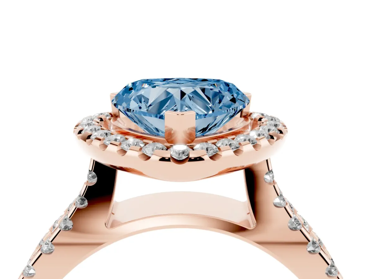 Fancy Blue Heart Cut Diamond Halo Ring with Split Shank Pavé Band and Prong Setting Rose gold