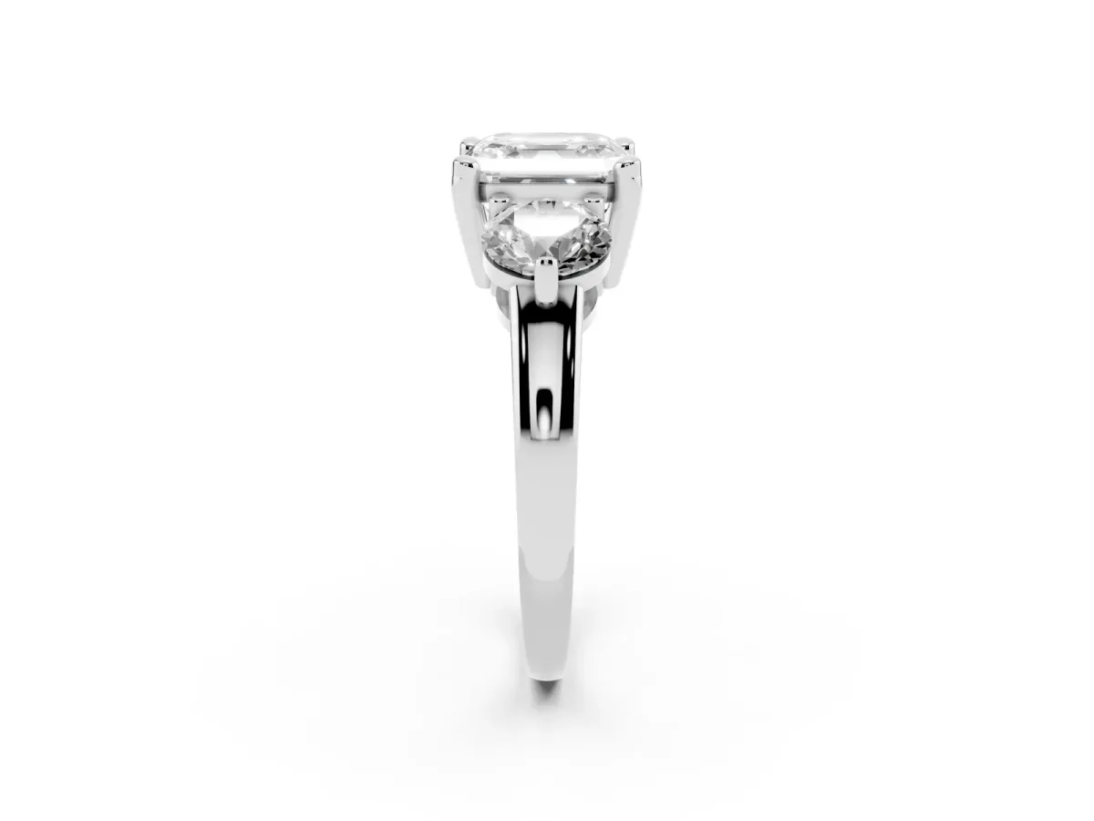Three-Stone Asscher Cut Brilliant Cut Solitaire Ring with Prong Setting on a Classic Band White gold
