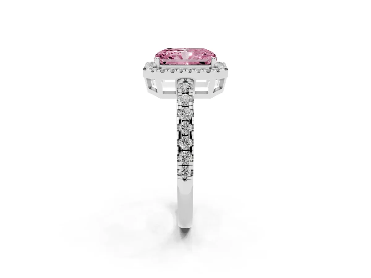 Fancy Pink Radiant Cut Diamond Halo Ring with Pavé Band and Four-Prong Setting White gold