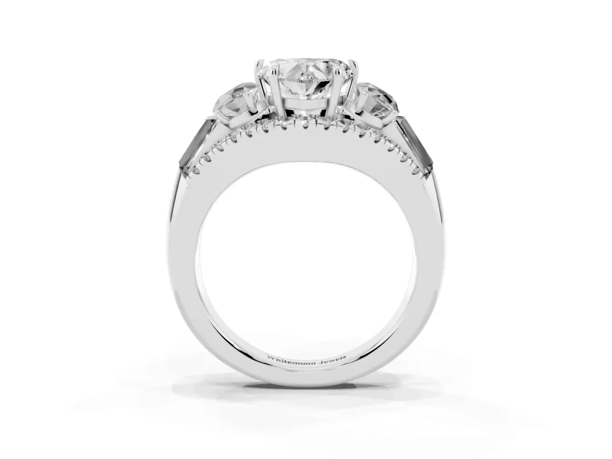 Three-Stone Heart Cut Diamond Engagement Ring with Pave Band and Prong Setting Silver